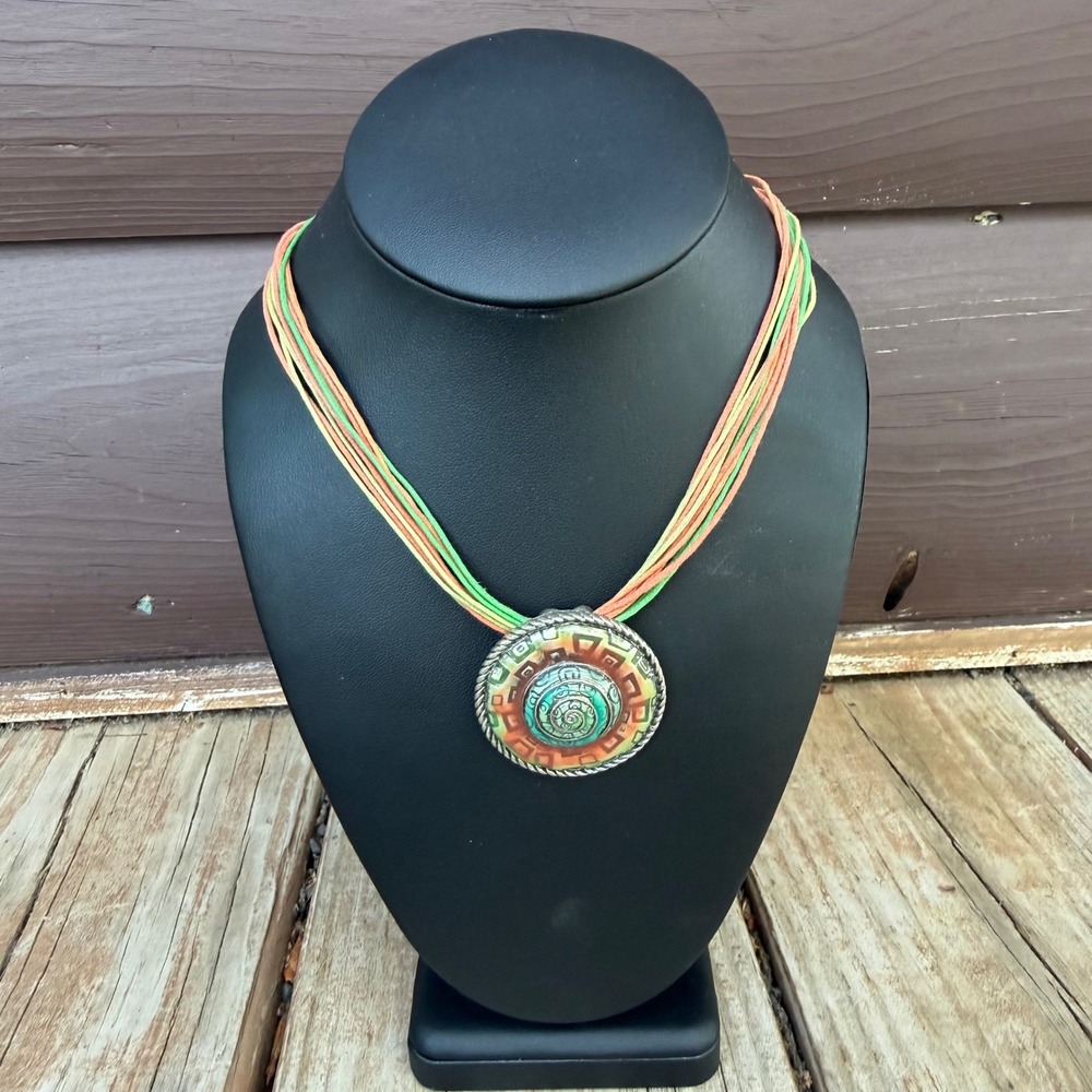 Boho Multi-Strand Cord Spiral Pendant Necklace Womens Adjustable Green Orange